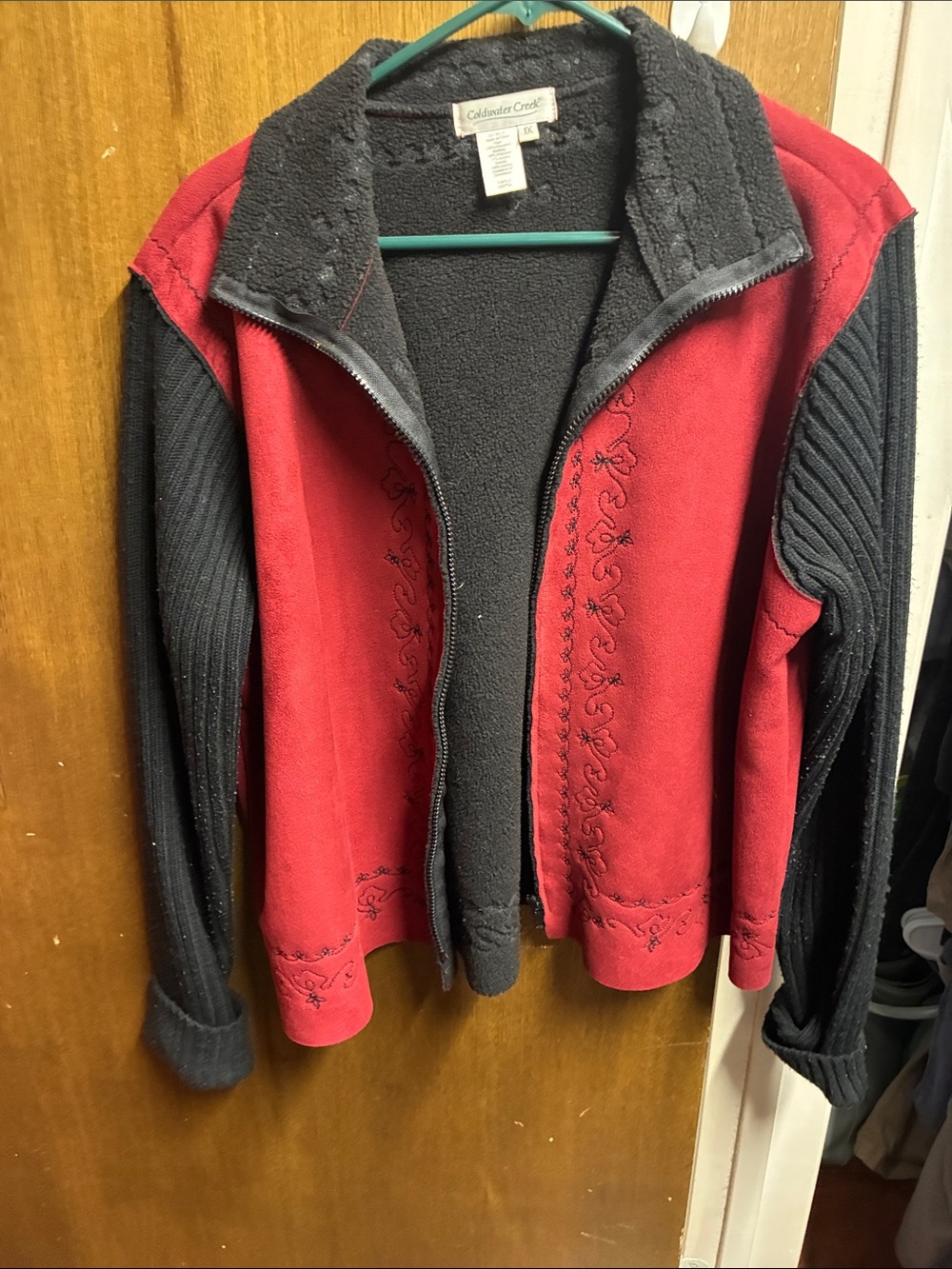 Coldwater Creek Red and Black Zip-Front Fleece Jacket